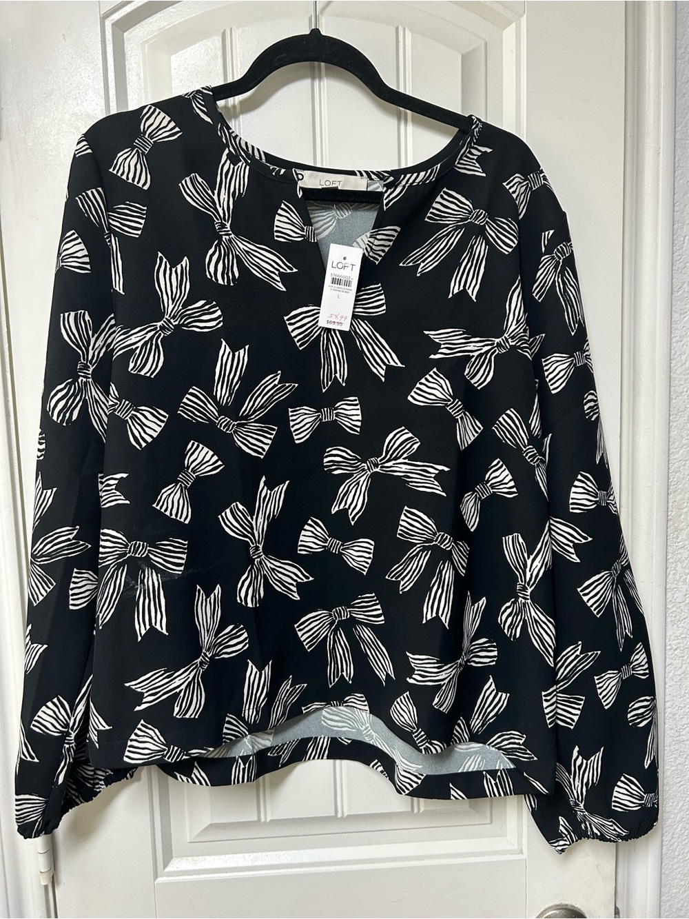 LOFT Black Top with White Bow Pattern - Long Sleeve Blouse